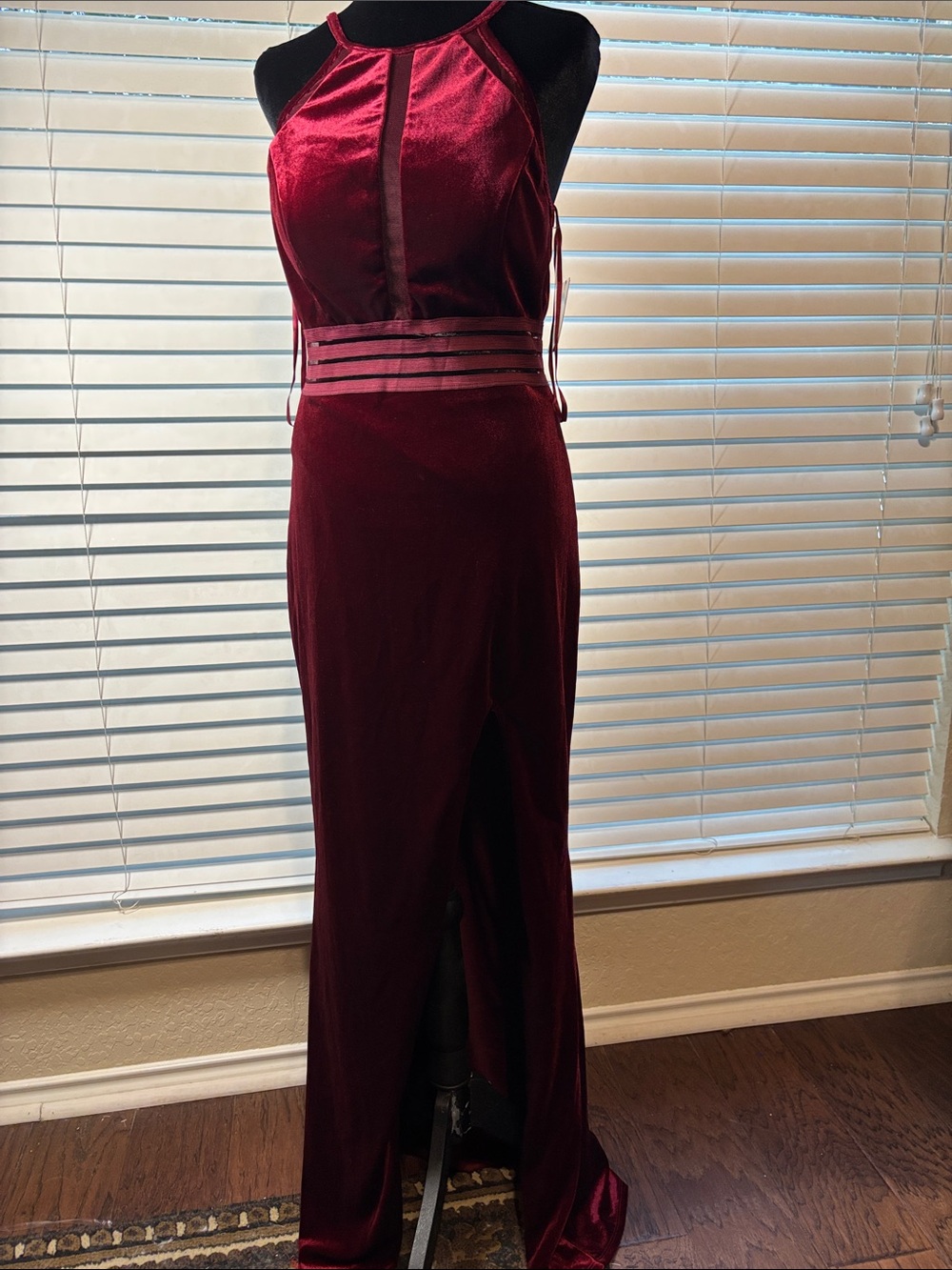 NWT City Triangles Wine Red Velvet Halter Gown Maxi Dress Keyhole Slit Y2K S 11